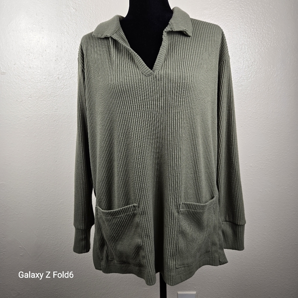Next Downtime Olive‎ Green Ribbed Tunic Sweater Top w/ Pockets Women’s L US 10